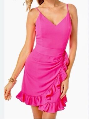 Lilly Pulitzer Neon Pink Ruffle Wrap-Front Mini Dress